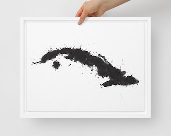Black and White Cuba Map Framed Canvas Art Print