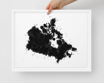 Black and White Canada Map Art: Abstract Splatter Framed Canvas Print