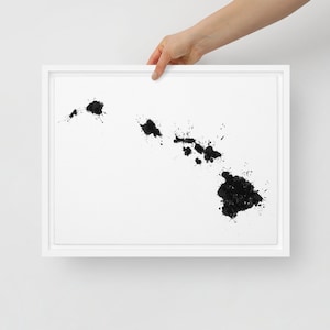 Illustration de la carte des îles Hawaï : impression sur toile encadrée éclaboussures en noir et blanc