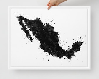Black and White Mexico Map Art: Abstract Splatter Framed Canvas Print