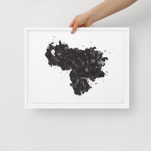 Venezuela Map Framed Canvas Art Print: Black and White Splatter Design