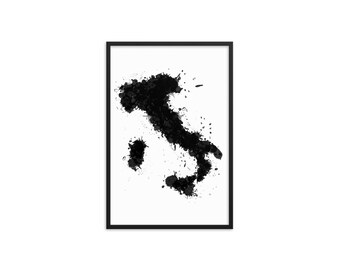 Impresión artística de mapa de Italia en blanco y negro: Póster enmarcado con salpicaduras abstractas