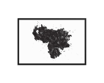 Venezuela Map Art Print: Black and White Splatter, Framed Poster