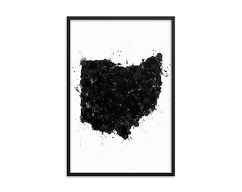 Gerahmte Kunstdruck von Ohio Map Kunstdruck im Schwarz-Weiß Splatter Design