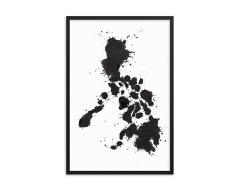 Framed Philippines Map Art Print: Black and White Splatter