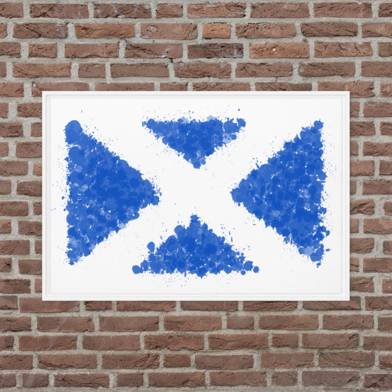K&ouml;nnte beinhalten: Ein wei&szlig;er Hintergrund mit einem blauen abstrakten Design. Das Design besteht aus vier Dreiecken, die jeweils einen Spr&uuml;heffekt haben. Die Dreiecke sind kreuzf&ouml;rmig angeordnet.