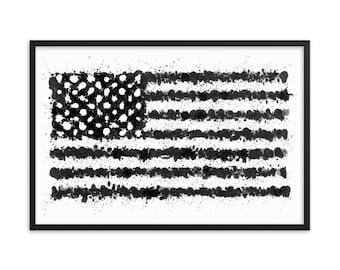 Framed American Flag Art Print: Black & White Abstract Splatter