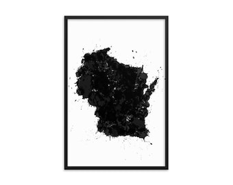 Wisconsin Map Art Print: Black and White Abstract Splatter, Framed