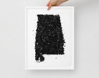 Alabama Map Framed Canvas Art Print: Black and White Splatter Design