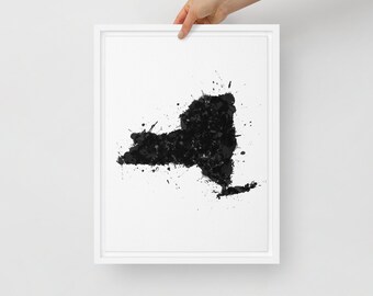 Black and White New York Map: Framed Canvas Splatter Art Print