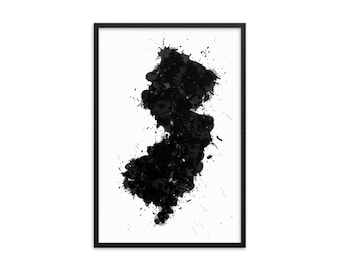 New Jersey Map Framed Art Print: Black and White Splatter Design