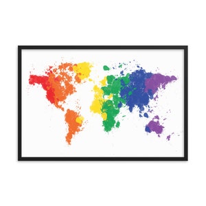 Mapa del mundo colorido Impresión de arte enmarcado / Mapa del mundo del arco iris / Póster del mapa del mundo enmarcado / Arte de la pared del mapa del mundo / Regalo de viaje mundial / Mapa multicolor