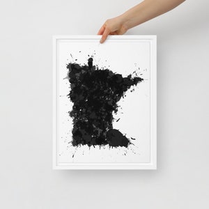 Minnesota Map Art Print: Black and White Splatter Framed Canvas