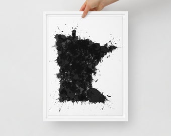 Minnesota Map Art Print: Black and White Splatter Framed Canvas
