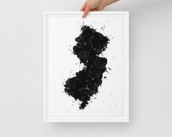 New Jersey Black & White Map: Framed Canvas Art Print