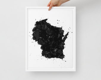 Wisconsin Map Art Print: Black and White Splatter Framed Canvas
