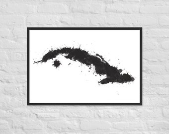 Framed Cuba Map Art Print: Black and White Splatter Artwork
