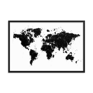 Weltkarte Schwarz Weiß Gerahmter Kunstdruck | Weltkarte Poster | Reisegeschenk | Gerahmte Weltkarte | Weltkarte Wandkunst | Weltreisekarte