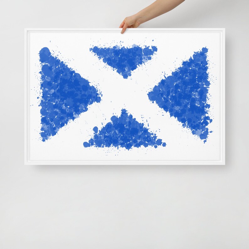 K&ouml;nnte beinhalten: Ein wei&szlig; gerahmter Druck mit einem blauen abstrakten Design. Das Design besteht aus mehreren blauen Flecken, die ein geometrisches Muster bilden.