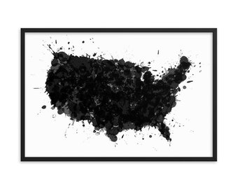 Black and White USA Map Framed Art Print: Abstract Splatter Artwork