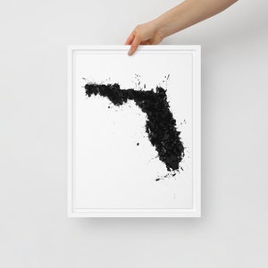Florida Map Framed Canvas Art Print: Black Splatter Design