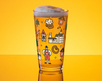 Germany Pint Glass: Hand-Drawn German Doodles, 16 oz Beer Glass