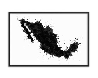 Framed Mexico Map Art Print: Black and White Splatter Artwork