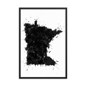 Minnesota Map Art Print: Black and White Abstract Splatter, Framed