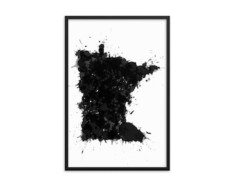 Minnesota Map Art Print: Black and White Abstract Splatter, Framed