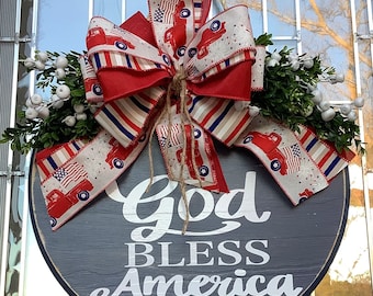 Door Decoration, God Bless America, Round Front Door Sign, 4th Of July Door Hanger, Farmhouse, Wreath, Home Decor, 4th Of July Sign
