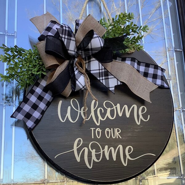 Door Decoration, Welcome To Our Home, Round Front Door Sign, Wood Sign, Door Hanger, Farmhouse, Wreath, Home Decor, Wooden Wreath