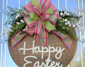 Door Decoration, Happy Easter, Round Front Door Sign, Wood Sign, Easter Door Hanger, Farmhouse, Wreath, Home Decor, Easter Decor