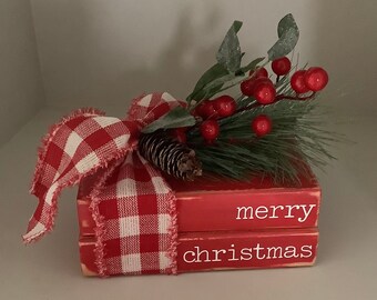 Farmhouse Book Stack ,Farmhouse Wooden Decoration, Merry Christmas, Coffee Table Decor, Housewarming Gift, Christmas Wooden Book Stack