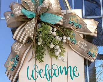 Welcome To Our Home, Large Wooden Spring Door Sign, Door Hanger, Spring Wreath, Spring Door Decor, Wood Sign, Wooden Wreath, Home Decor