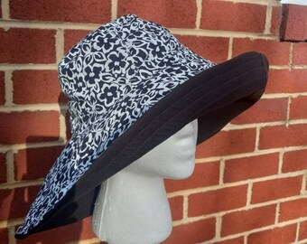 Women's Sun Hat  reversible bucket hat women beach hat black and white ready to ship, large 23 1/2 inch