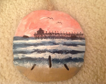 Pier at Sunset, Hand Painted Sand Dollar Ornament, Beach Ornaments, Beach Gifts, Seashells