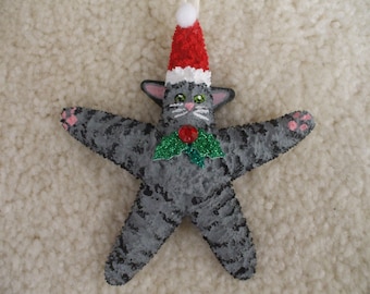 Christmas Cat, Starfish Ornament, Grey Tabby Cat, Christmas Ornament, Stocking Stuffer, Ornament Exchange, Holiday Gifts