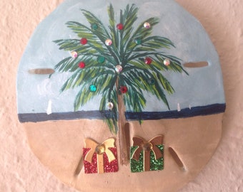 Christmas Palm Tree Beach Sand Dollar Ornament, Palm Tree Ornament, Beach Ornament, Seaside Ornament, Paradise, Seashells,