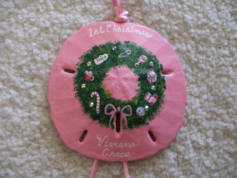 Baby Girl Baby/'s First Christmas Beach Baby Christmas Ornament. Wreath Ornament Hand Painted Sand Dollar Christmas Ornament