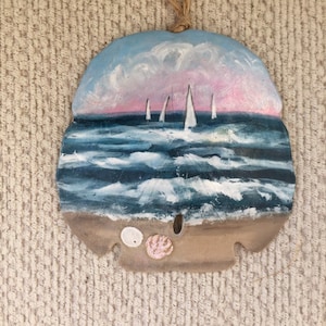 Beach at Sunset, Hand Painted Sand Dollar Ornament, Beach Ornaments, Beach Gifts, Seashells