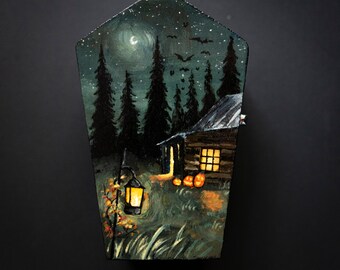 House in the Woods - Hand Painted Mini Wooden Coffin Halloween Art