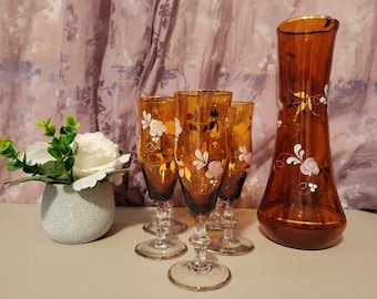 Whiskey Amber, Decanter with clear handle, set of 5 Ombre stemware, wine glass, hand-painted design, flowers, Gilt, vintage