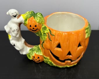 Halloween GHOST PUMPKIN MUG, Jack-o-lantern, Seasonal Decor, Spirits,  Festive Halloween Decor, Oversized Capacity, Hand Painted, Planter