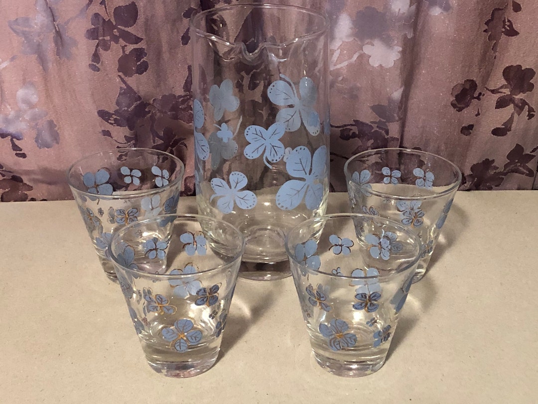 Blue Floral COCKTAIL PITCHER (20 Fl Oz) and 4 - 22 Kt Gold Rimmed ...