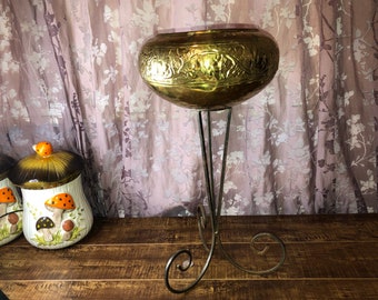 Brass Flower Pot, Plant Pot, Planter and Metal Plant Stand, Made in India, Vintage