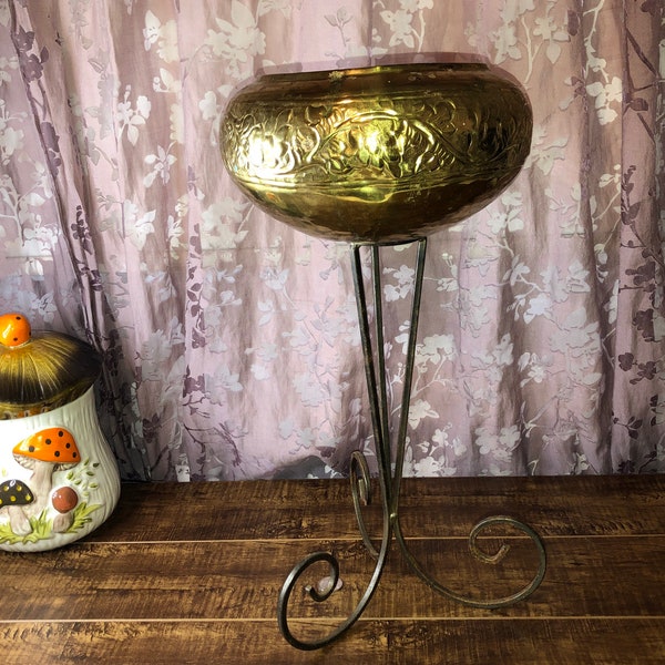 Brass Flower Pot, Plant Pot, Planter and Metal Plant Stand, Made in India, Vintage