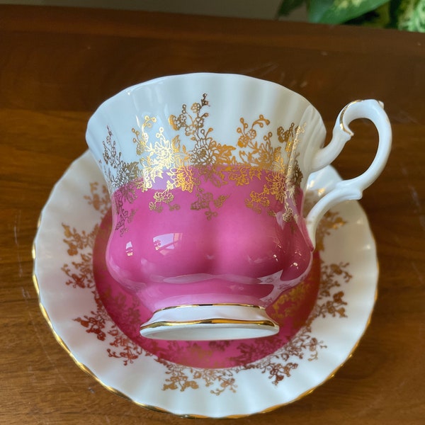 Royal Albert Teacup and Saucer, England, Bone China, Regal  Series, Gainsborough Shape, Pink with Gilded floral design and rim, Vintage