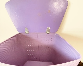 Purple Laundry Hamper, Lid, Vinyl, Metal, Home Decor, Clothes Hamper, Starburst design on lid,  Vintage, Retro, MCM