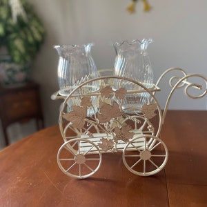 Tabletop White Metal Cart, Trolley, Bottom Shelf, Hurricane, Candle Holder, Flower Vase, Leaves, Garden Decor,   Vintage