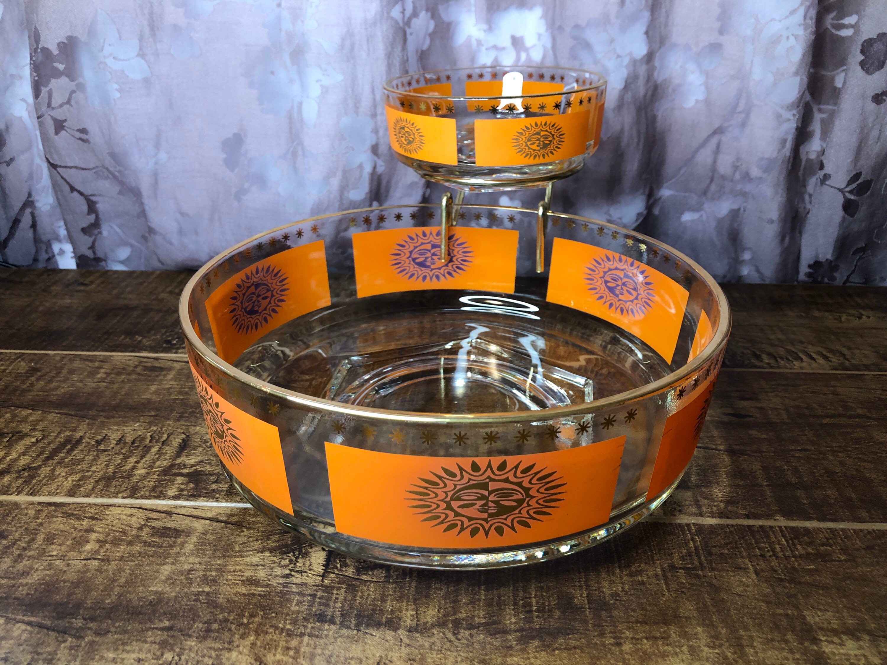 Chip and Dip Bowl, Glass, Gold Aztec design on Orange Panels